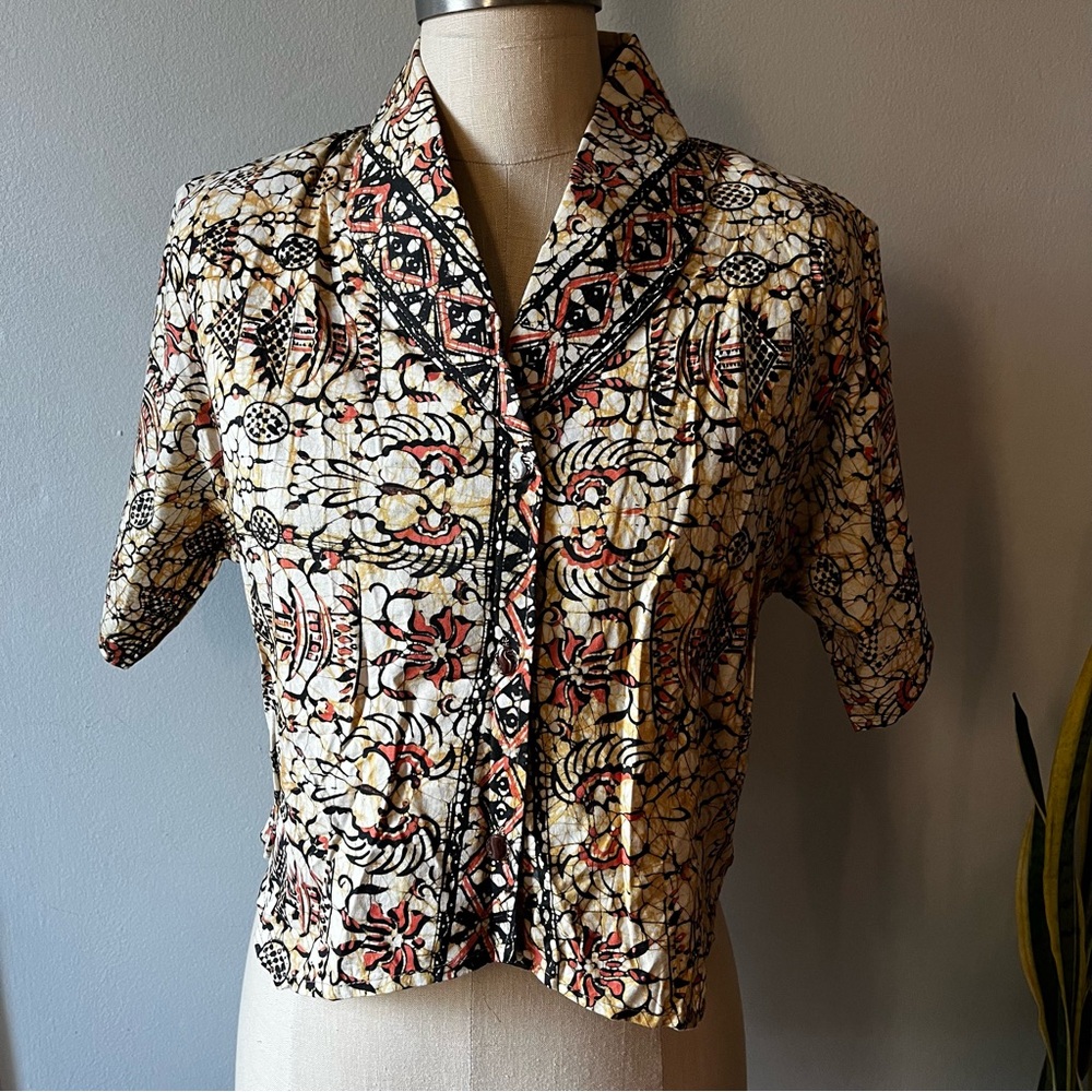 1950’s•Cropped Cotton Batik Blouse/Shirt Jacket• Sz S/M